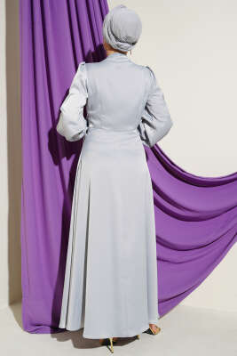 İnci Süslemeli Drapeli Saten Abiye Elbise Gri - Elbise