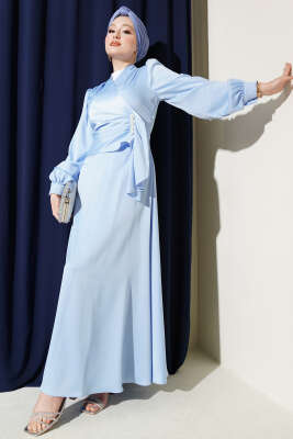 İnci Süslemeli Drapeli Saten Abiye Elbise Mavi - BERAT TEKSTİL