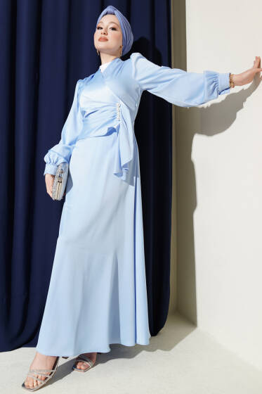 İnci Süslemeli Drapeli Saten Abiye Elbise Mavi - Elbise