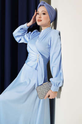 İnci Süslemeli Drapeli Saten Abiye Elbise Mavi - Elbise