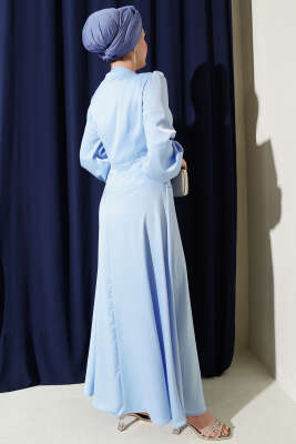 İnci Süslemeli Drapeli Saten Abiye Elbise Mavi - Elbise