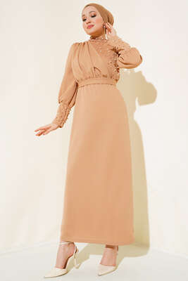 İnci Süslemeli Elbise Latte - Thumbnail