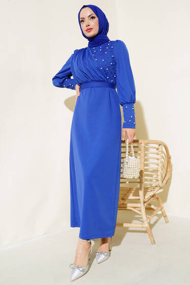 İnci Süslemeli Elbise Saks - Elbise