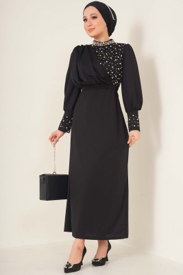 İnci Süslemeli Elbise Siyah - Thumbnail