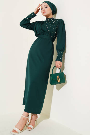 İnci Süslemeli Elbise Zümrüt Yeşili - Elbise