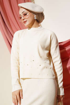 İnci Süslemeli Fitilli Triko İkili Takım Bej - Triko İkili Takım