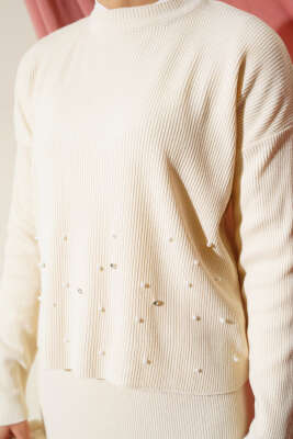 İnci Süslemeli Fitilli Triko İkili Takım Bej - Triko İkili Takım