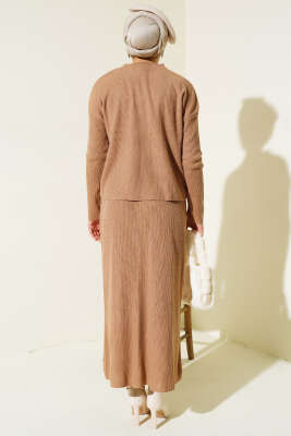 İnci Süslemeli Fitilli Triko İkili Takım Büsküvi - Triko İkili Takım