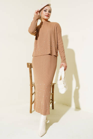 İnci Süslemeli Fitilli Triko İkili Takım Büsküvi - Triko