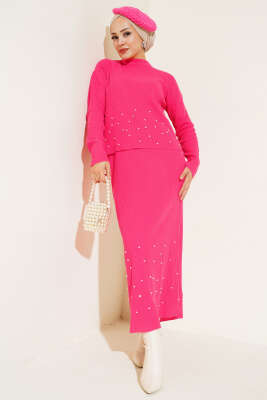 İnci Süslemeli Fitilli Triko İkili Takım Fuşya - Triko İkili Takım