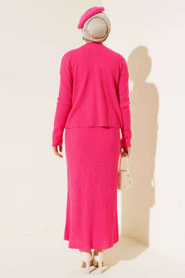 İnci Süslemeli Fitilli Triko İkili Takım Fuşya - Triko İkili Takım