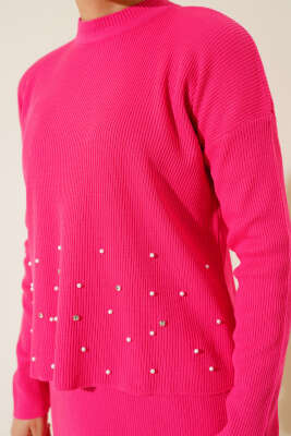 İnci Süslemeli Fitilli Triko İkili Takım Fuşya - Triko İkili Takım