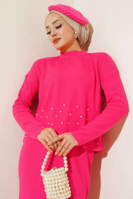 İnci Süslemeli Fitilli Triko İkili Takım Fuşya - Triko İkili Takım