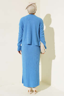 İnci Süslemeli Fitilli Triko İkili Takım İndigo - Triko İkili Takım