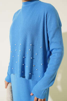 İnci Süslemeli Fitilli Triko İkili Takım İndigo - Triko İkili Takım