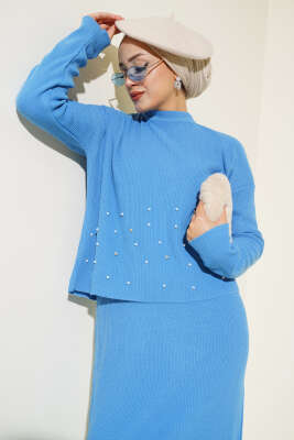 İnci Süslemeli Fitilli Triko İkili Takım İndigo - Triko İkili Takım