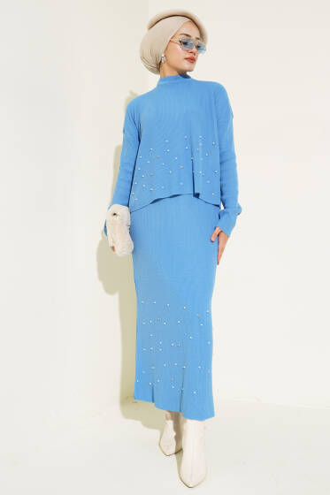 İnci Süslemeli Fitilli Triko İkili Takım İndigo - Triko