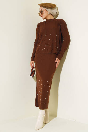 İnci Süslemeli Fitilli Triko İkili Takım Kahve - Triko