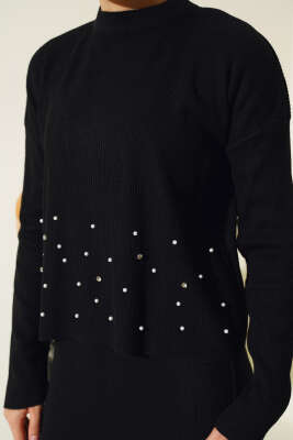 İnci Süslemeli Fitilli Triko İkili Takım Siyah - Triko İkili Takım