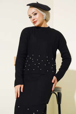 İnci Süslemeli Fitilli Triko İkili Takım Siyah - Triko İkili Takım