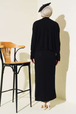 İnci Süslemeli Fitilli Triko İkili Takım Siyah - Triko İkili Takım