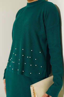 İnci Süslemeli Fitilli Triko İkili Takım Zümrüt - Triko İkili Takım