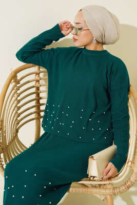 İnci Süslemeli Fitilli Triko İkili Takım Zümrüt - Triko İkili Takım