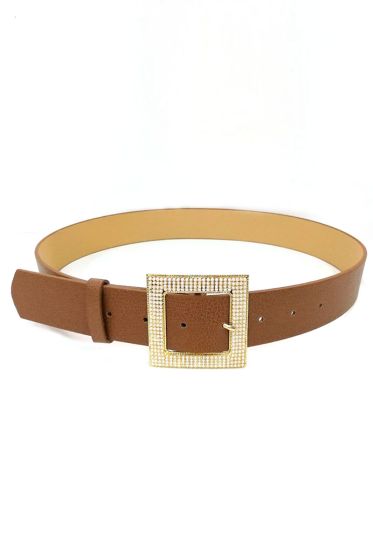 İnci Süslemeli Kare Tokalı Taba Kemer - Deri Kemer