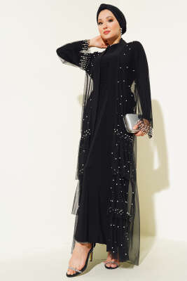 İnci Süslemeli Kat Abaya Siyah - Tesettür Elbise