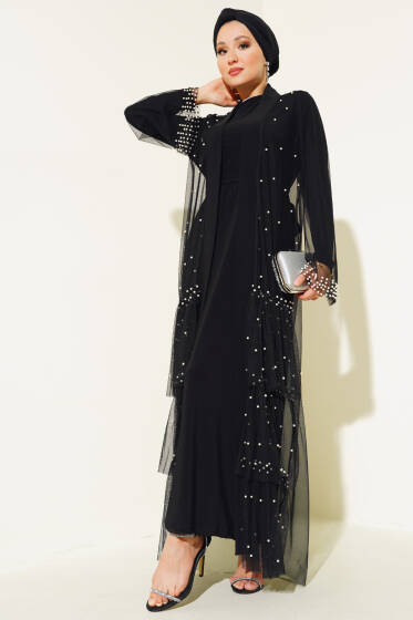 İnci Süslemeli Kat Abaya Siyah - Tesettür Elbise