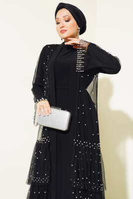 İnci Süslemeli Kat Abaya Siyah - Tesettür Elbise