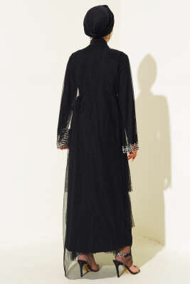 İnci Süslemeli Kat Abaya Siyah - Tesettür Elbise