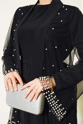 İnci Süslemeli Kat Abaya Siyah - Tesettür Elbise