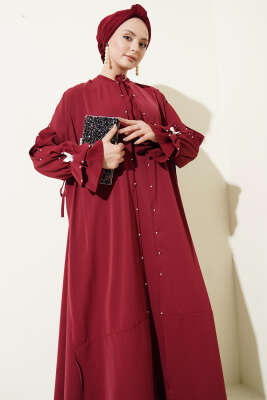 İnci Süslemeli Kelebekli Pelerinli Elbise Bordo - Elbise