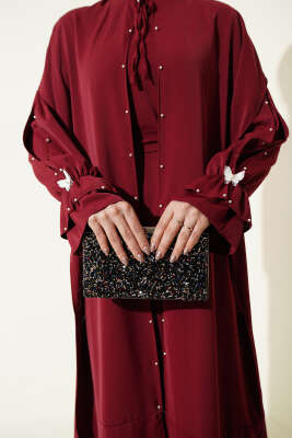 İnci Süslemeli Kelebekli Pelerinli Elbise Bordo - Elbise
