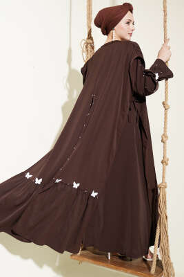 İnci Süslemeli Kelebekli Pelerinli Elbise Kahve - EFSUN MODA