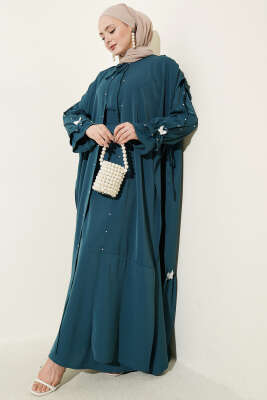 İnci Süslemeli Kelebekli Pelerinli Elbise Petrol - EFSUN MODA