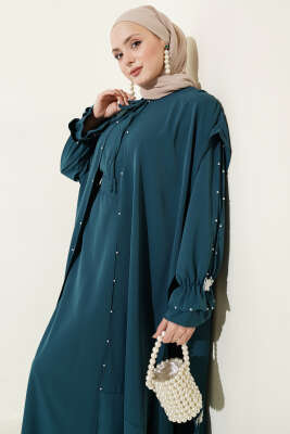 İnci Süslemeli Kelebekli Pelerinli Elbise Petrol - Elbise