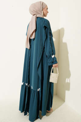 İnci Süslemeli Kelebekli Pelerinli Elbise Petrol - Elbise