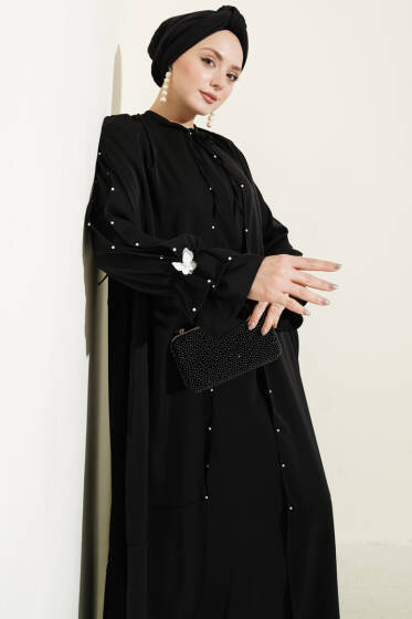 İnci Süslemeli Kelebekli Pelerinli Elbise Siyah - Elbise