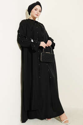 İnci Süslemeli Kelebekli Pelerinli Elbise Siyah - Elbise