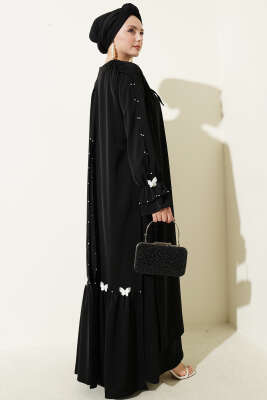İnci Süslemeli Kelebekli Pelerinli Elbise Siyah - Elbise