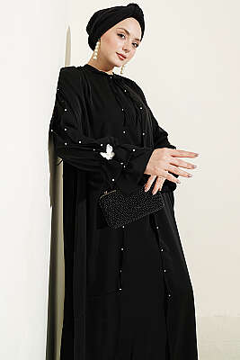 İnci Süslemeli Kelebekli Pelerinli Elbise Siyah 