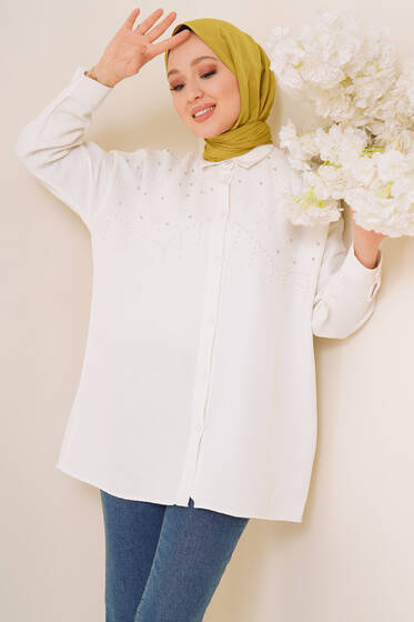 İnci Süslemeli Keten Gömlek Ekru - Gömlek