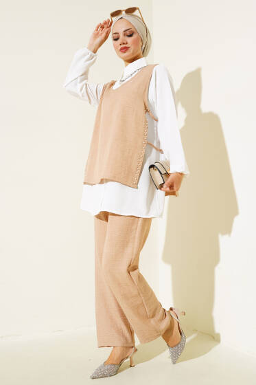 İnci Süslemeli Keten Üçlü Takım Bisküvi - İKİLİ TAKIM