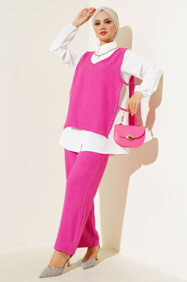 İnci Süslemeli Keten Üçlü Takım Fuşya - İKİLİ TAKIM