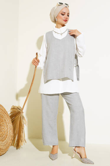 İnci Süslemeli Keten Üçlü Takım Gri - İKİLİ TAKIM