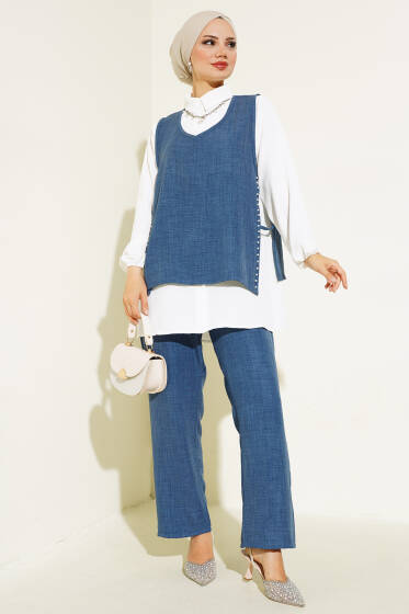 İnci Süslemeli Keten Üçlü Takım İndigo - İKİLİ TAKIM