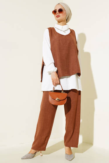 İnci Süslemeli Keten Üçlü Takım Kahve - İKİLİ TAKIM