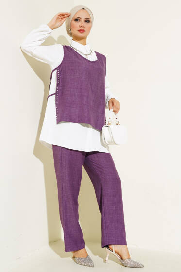 İnci Süslemeli Keten Üçlü Takım Mor - İKİLİ TAKIM